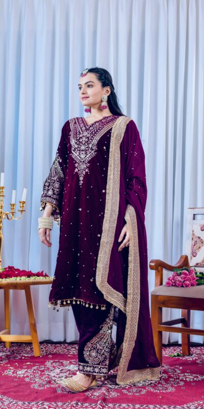 Wine Viscose Velvet Embroidery Salwar Suit | Jump Suits, Salwar suit, Casual Suits, Creative suits, Designer Suits, Palazzo Suits, Party Wear Suits, Patiala Suits, Straight Suits