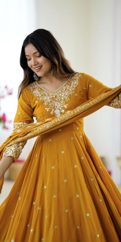 Yellow Blooming Faux Embroidery Work Gown | Gowns, Bollywood Gowns, Creative Gowns, Designer Gowns, Embroidered Gowns, Party Wear Gowns