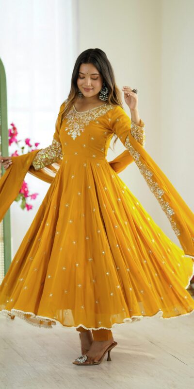 Yellow Blooming Faux Embroidery Work Gown | Gowns, Bollywood Gowns, Creative Gowns, Designer Gowns, Embroidered Gowns, Party Wear Gowns