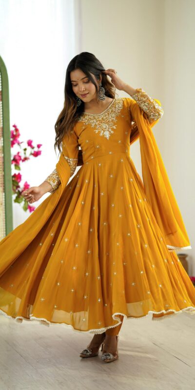 Yellow Blooming Faux Embroidery Work Gown | Gowns, Bollywood Gowns, Creative Gowns, Designer Gowns, Embroidered Gowns, Party Wear Gowns