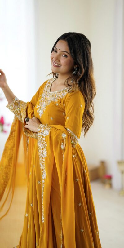 Yellow Blooming Faux Embroidery Work Gown | Gowns, Bollywood Gowns, Creative Gowns, Designer Gowns, Embroidered Gowns, Party Wear Gowns