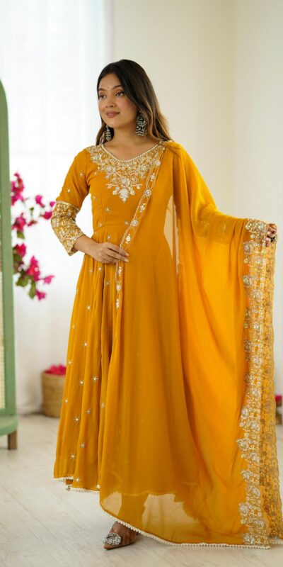 Yellow Blooming Faux Embroidery Work Gown | Gowns, Bollywood Gowns, Creative Gowns, Designer Gowns, Embroidered Gowns, Party Wear Gowns