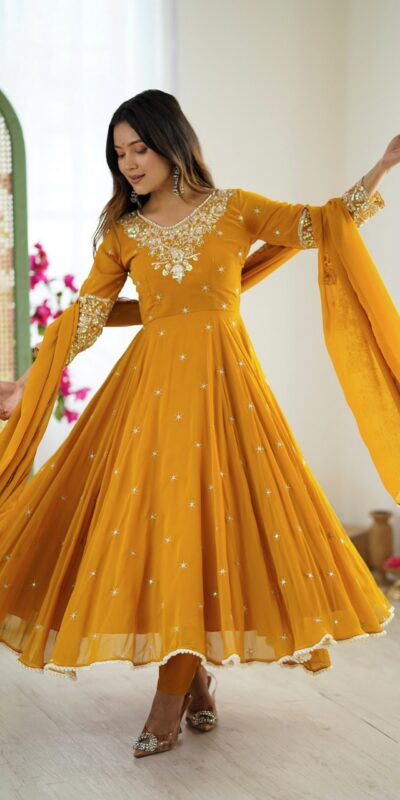 Yellow Blooming Faux Embroidery Work Gown | Gowns, Bollywood Gowns, Creative Gowns, Designer Gowns, Embroidered Gowns, Party Wear Gowns