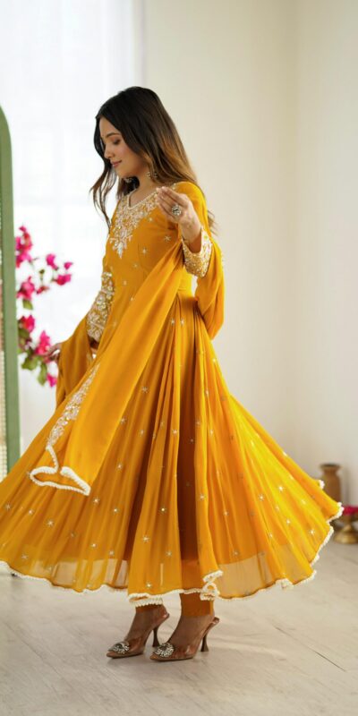 Yellow Blooming Faux Embroidery Work Gown | Gowns, Bollywood Gowns, Creative Gowns, Designer Gowns, Embroidered Gowns, Party Wear Gowns