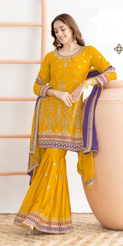 Yellow Chinon Embroidery Mirror Work Salwar Suit | Jump Suits, Salwar suit, Casual Suits, Creative suits, Designer Suits, Palazzo Suits, Party Wear Suits, Patiala Suits, Straight Suits