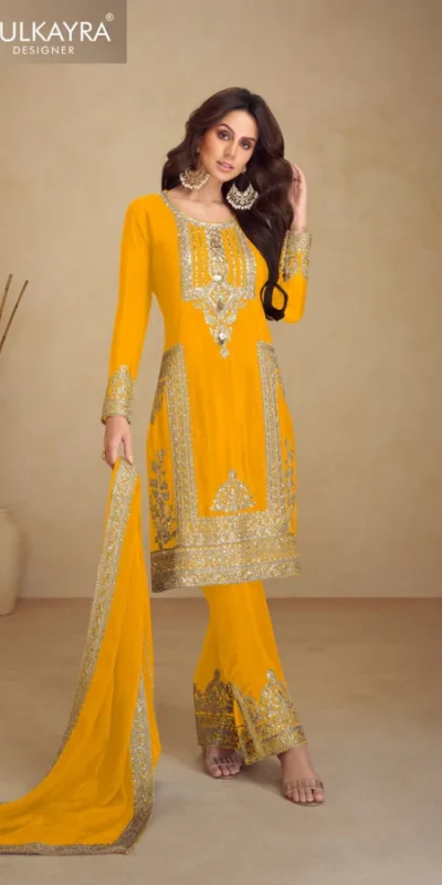 Yellow Chinon Multi Embroidery Work Salwar Suit | Jump Suits, Tops & Bottoms, Track Suits, Salwar suit, Casual Suits, Creative suits, Designer Suits, Palazzo Suits, Party Wear Suits, Patiala Suits, Straight Suits, Trendy Wear