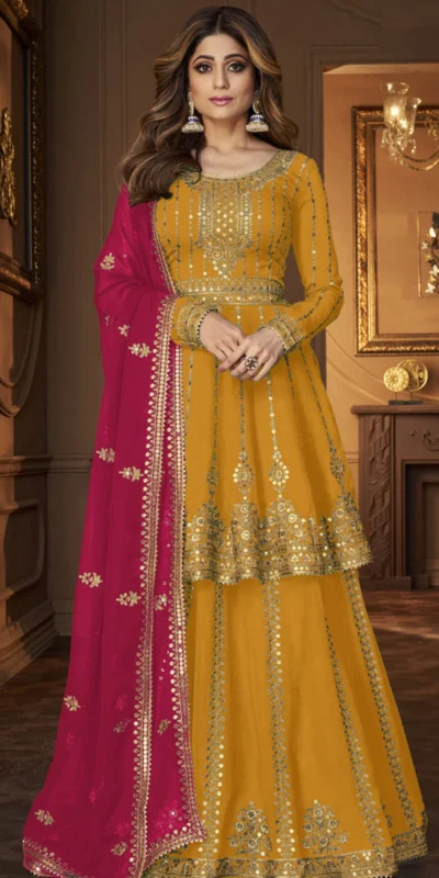 Yellow Faux Georgette Embroidery Work Salwar Suit | Jump Suits, Tops & Bottoms, Track Suits, Salwar suit, Casual Suits, Creative suits, Designer Suits, Palazzo Suits, Party Wear Suits, Patiala Suits, Straight Suits, Trendy Wear