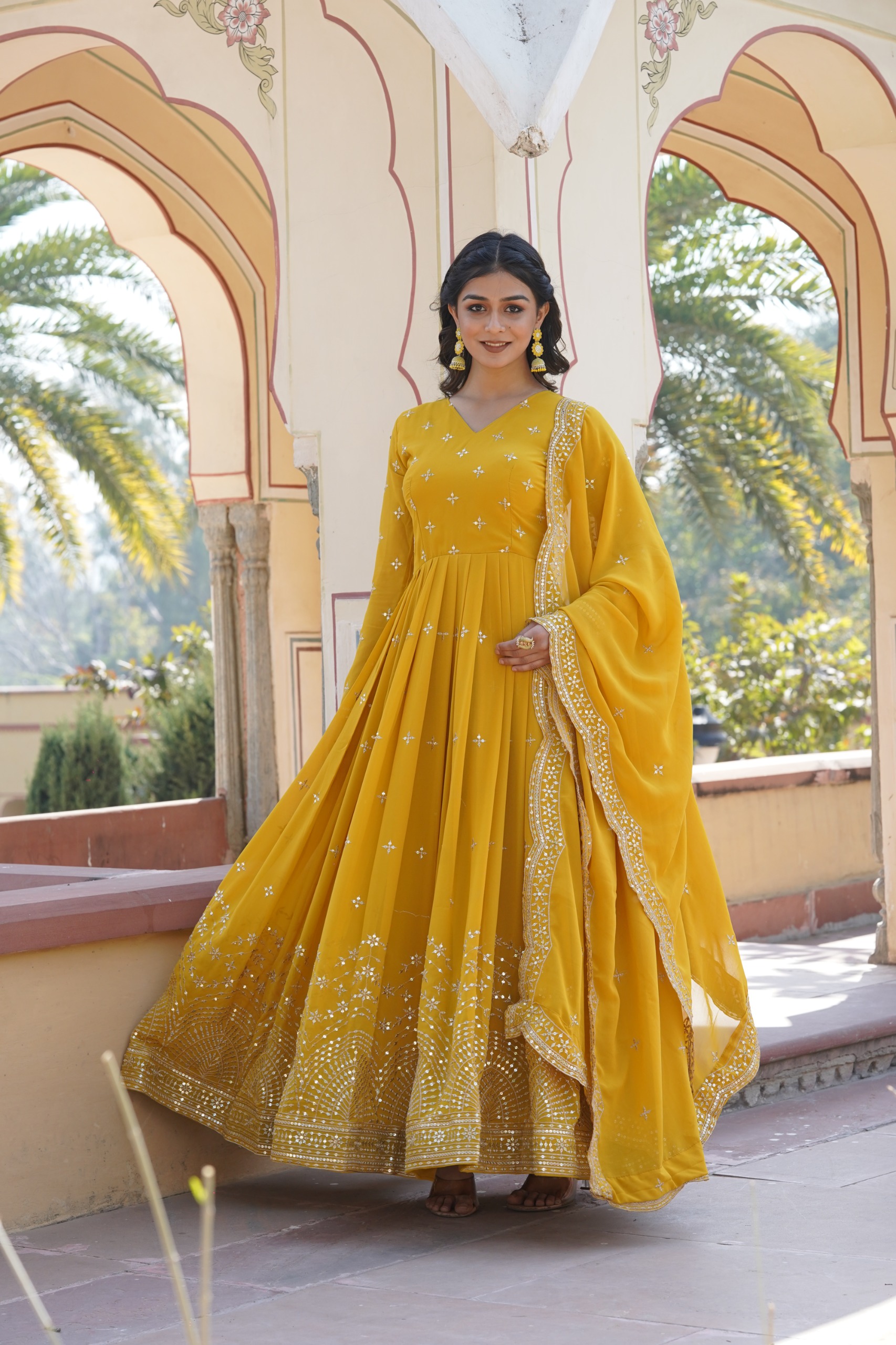 Yellow Faux Georgette Embroidery Zari Work Gown | Gowns, Bollywood Gowns, Creative Gowns, Designer Gowns, Embroidered Gowns, Party Wear Gowns
