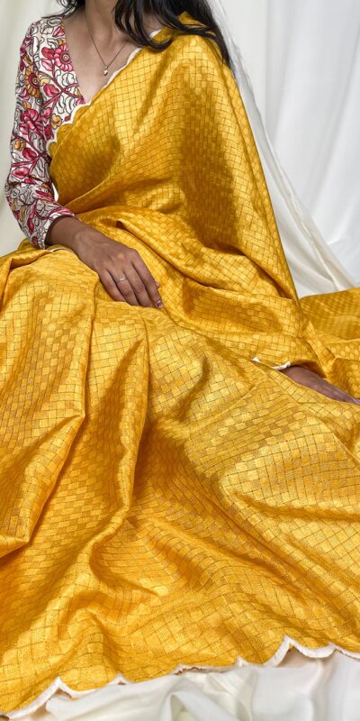 Yellow Gadwall Chex Arce Work Saree | Sarees, Bollywood Sarees, Creative Sarees, Designer Sarees, Embroidered Sarees, Ethnic Saree, Modern Digital sarees, Party Wear Sarees