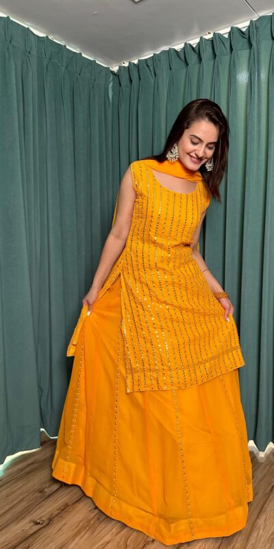 Yellow Georgette Mirror Work Lehenga Choli | Lehenga, Bollywood Lehenga, Creative Lehenga, Designer Lehenga, Embroidered Lehenga, Party Wear Lehenga
