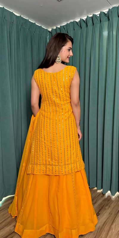 Yellow Georgette Mirror Work Lehenga Choli | Lehenga, Bollywood Lehenga, Creative Lehenga, Designer Lehenga, Embroidered Lehenga, Party Wear Lehenga