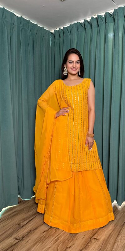 Yellow Georgette Mirror Work Lehenga Choli | Lehenga, Bollywood Lehenga, Creative Lehenga, Designer Lehenga, Embroidered Lehenga, Party Wear Lehenga