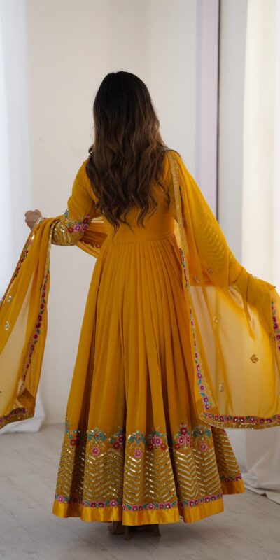 Yellow Georgette Multi Thread Work Gown | Jump Suits, Salwar suit, Casual Suits, Creative suits, Designer Suits, Palazzo Suits, Party Wear Suits, Patiala Suits, Straight Suits