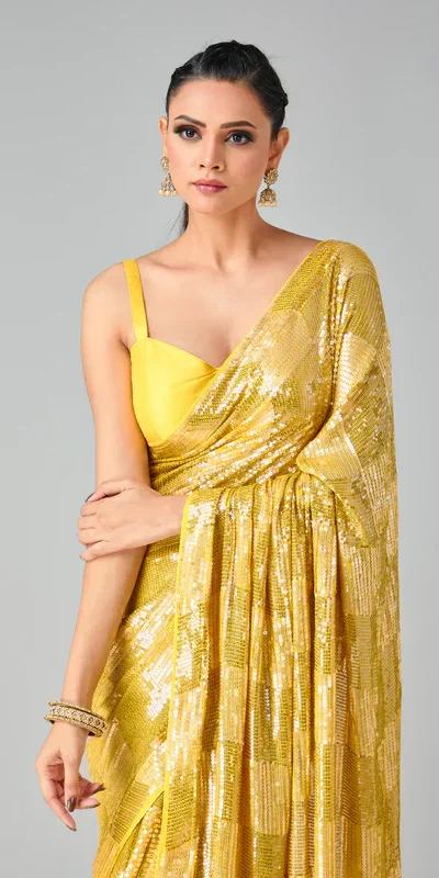 Yellow Georgette Sequins Work Saree | Sarees, Bollywood Sarees, Creative Sarees, Designer Sarees, Embroidered Sarees, Ethnic Saree, Modern Digital sarees, Party Wear Sarees