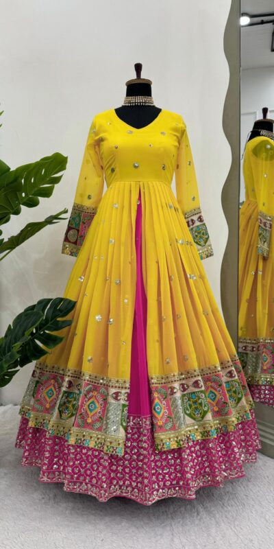 Yellow Georgette Thread Sequence Lehenga Choli | Lehenga, Bollywood Lehenga, Creative Lehenga, Designer Lehenga, Embroidered Lehenga, Party Wear Lehenga