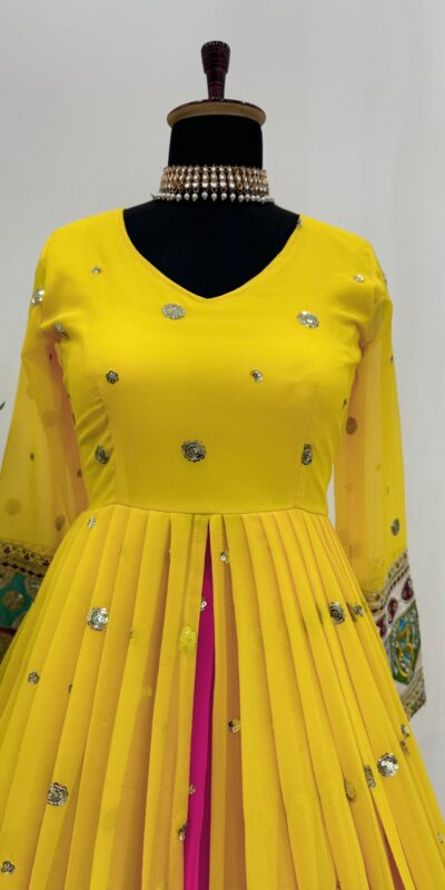 Yellow Georgette Thread Sequence Lehenga Choli | Lehenga, Bollywood Lehenga, Creative Lehenga, Designer Lehenga, Embroidered Lehenga, Party Wear Lehenga