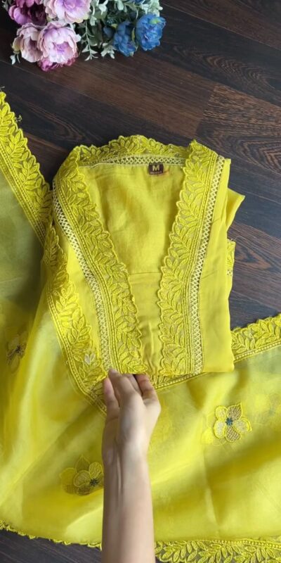 Yellow Maslin Thread Border Salwar Suit | Kurti, Bollywood Kurti, Creative Kurtis, Designer Kurti, Party Wear Kurti, Selfie Kurti