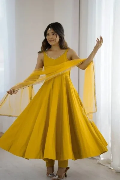 Yellow Roman Silk Chanderi Mirror Work Gown | Jump Suits, Salwar suit, Casual Suits, Creative suits, Designer Suits, Palazzo Suits, Party Wear Suits, Patiala Suits, Straight Suits