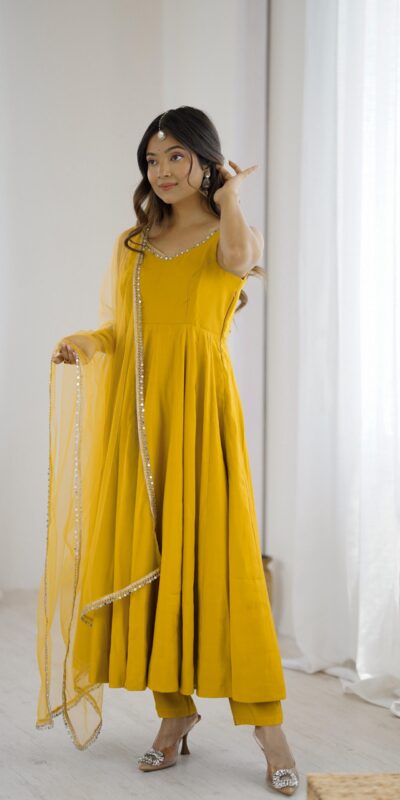 Yellow Roman Silk Chanderi Mirror Work Gown | Jump Suits, Salwar suit, Casual Suits, Creative suits, Designer Suits, Palazzo Suits, Party Wear Suits, Patiala Suits, Straight Suits