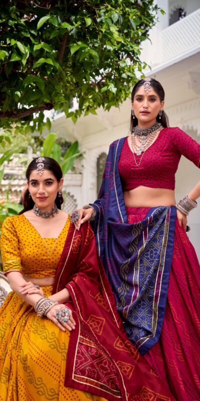 Yellow Tasar Silk Bandhej Print Lehenga Choli | Lehenga, Bollywood Lehenga, Creative Lehenga, Designer Lehenga, Embroidered Lehenga, Party Wear Lehenga