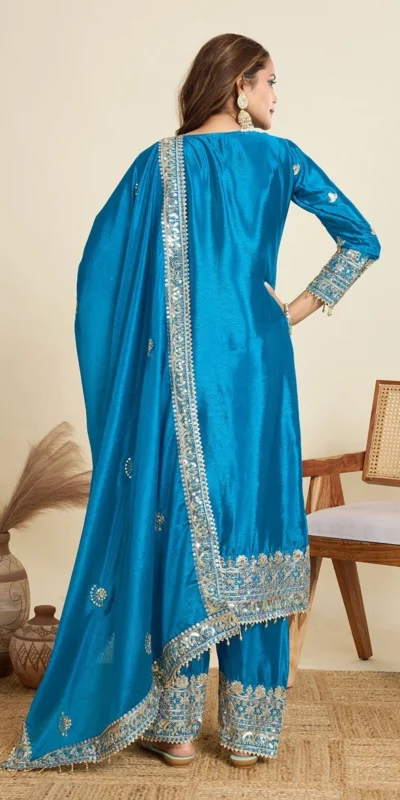 ZD 10020 Blue Chinon Silk Salwar Suit Perfect for Wedding, Party, Ganesh Chaturthi, Baby Shower, Makar Sankranti – . Affordable Price ₹1999. | Jump Suits, Salwar suit, Casual Suits, Creative suits, Designer Suits, Palazzo Suits, Party Wear Suits, Patiala Suits, Straight Suits