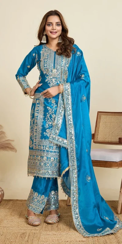 ZD 10020 Blue Chinon Silk Salwar Suit Perfect for Wedding, Party, Ganesh Chaturthi, Baby Shower, Makar Sankranti – . Affordable Price ₹1999. | Jump Suits, Salwar suit, Casual Suits, Creative suits, Designer Suits, Palazzo Suits, Party Wear Suits, Patiala Suits, Straight Suits