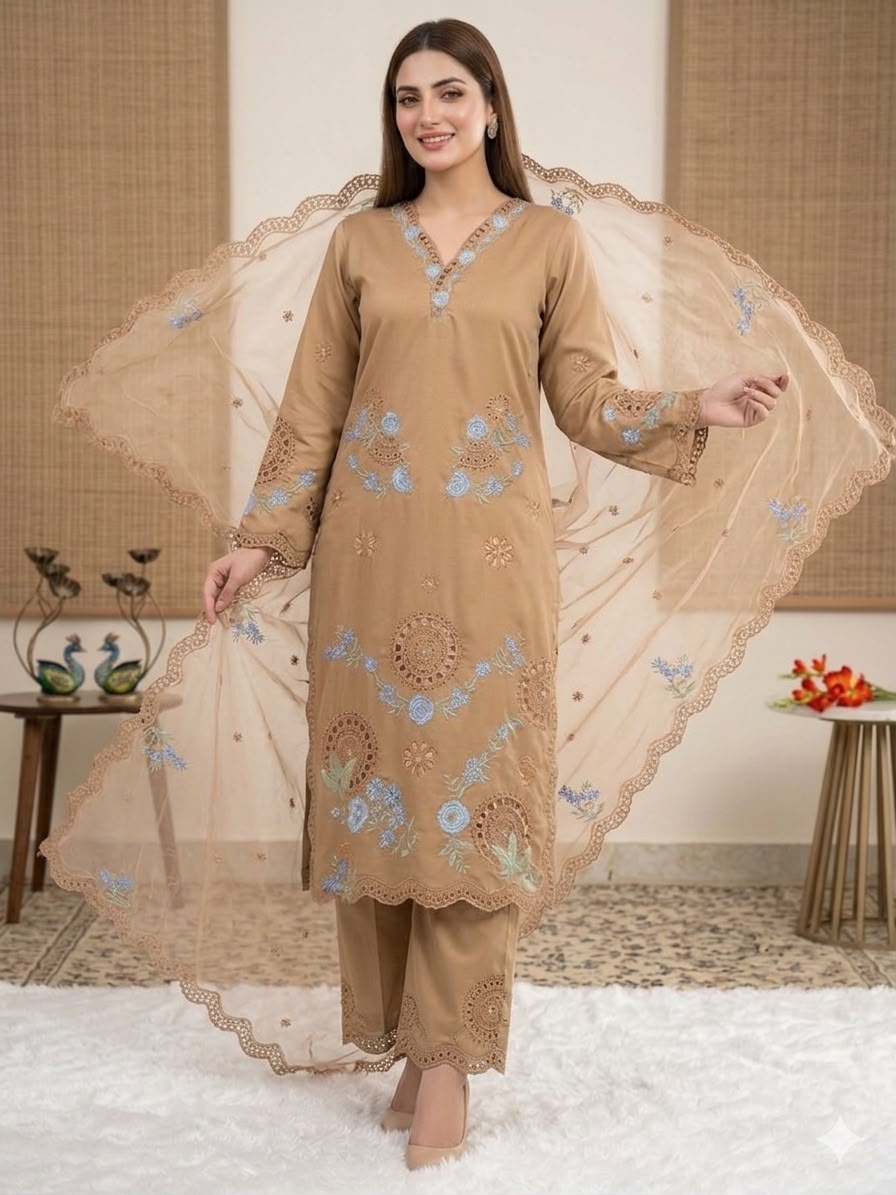 VLM 343 Chiku Roman Salwar Suit with Cut Work & Embroidery Work. Exclusive Offer ₹2449. Delivery 4-6 Working Days. Shop now. | Jump Suits, Salwar suit, Casual Suits, Creative suits, Designer Suits, Palazzo Suits, Party Wear Suits, Patiala Suits, Straight Suits