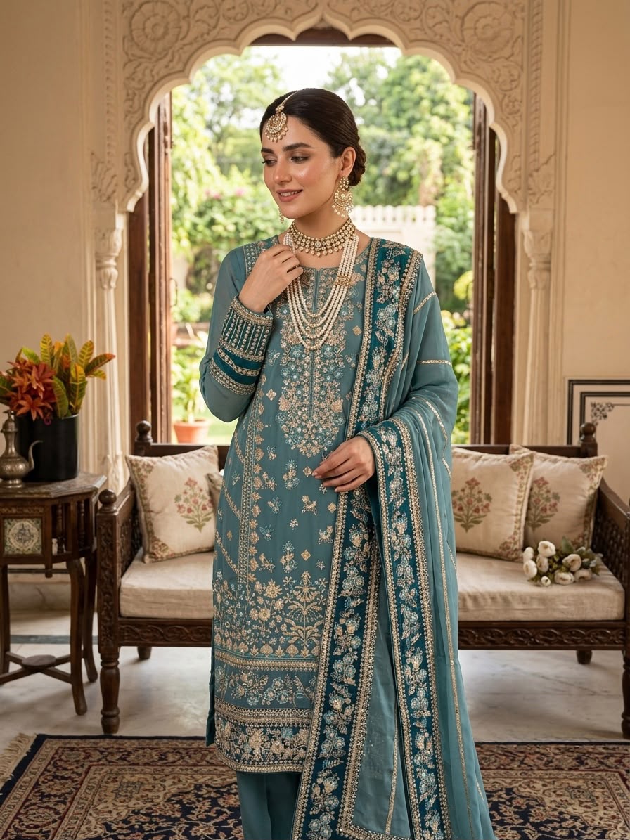 ZSR 3175 Blue Fox Georgette Salwar Suit with Embroidery Work & Sequins Work. Grab it for ₹2399. Delivery 4-6 Working Days. Shop now. | Jump Suits, Salwar suit, Casual Suits, Creative suits, Designer Suits, Palazzo Suits, Party Wear Suits, Patiala Suits, Straight Suits