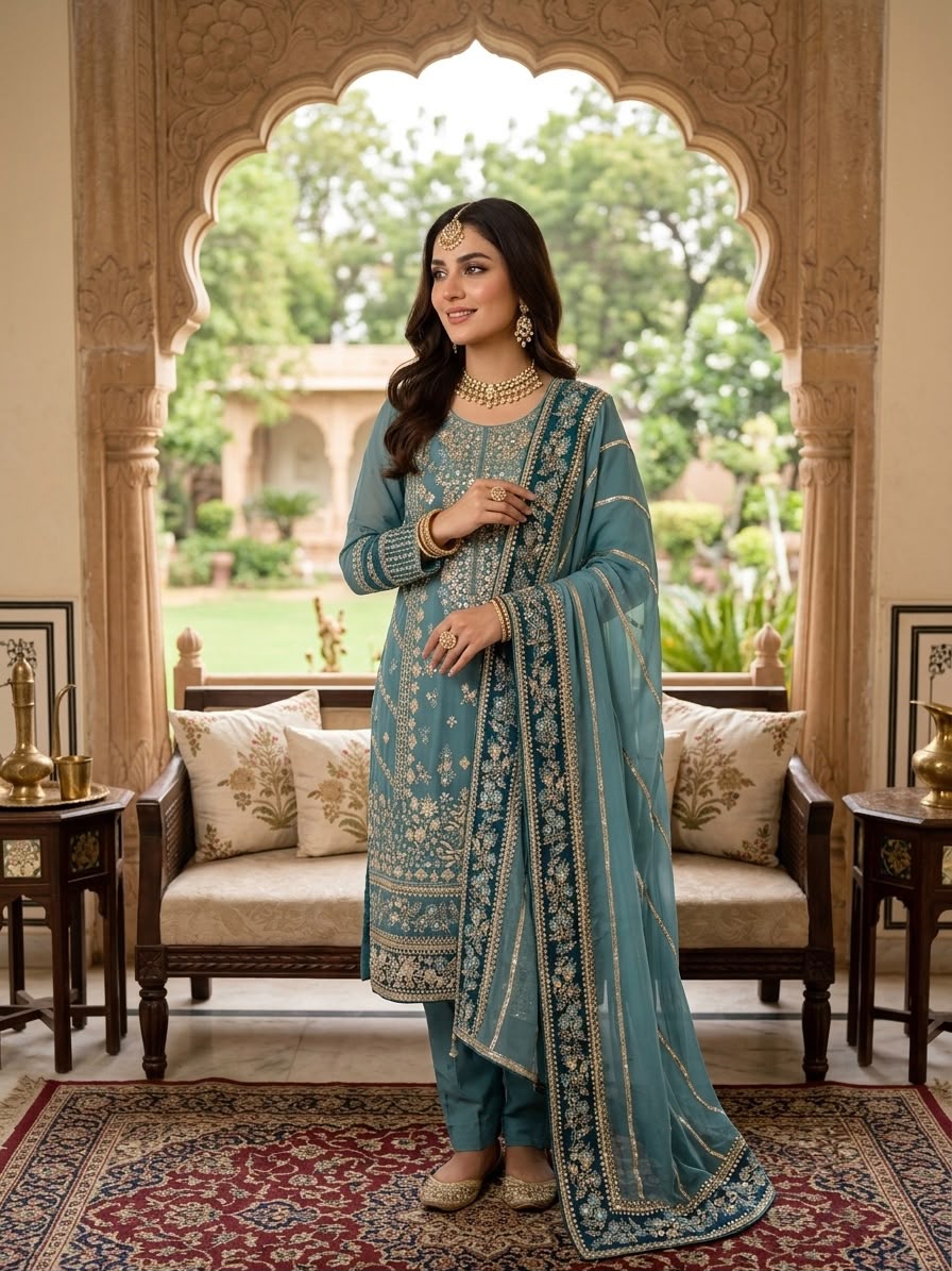 ZSR 3175 Blue Fox Georgette Salwar Suit with Embroidery Work & Sequins Work. Grab it for ₹2399. Delivery 4-6 Working Days. Shop now. | Jump Suits, Salwar suit, Casual Suits, Creative suits, Designer Suits, Palazzo Suits, Party Wear Suits, Patiala Suits, Straight Suits