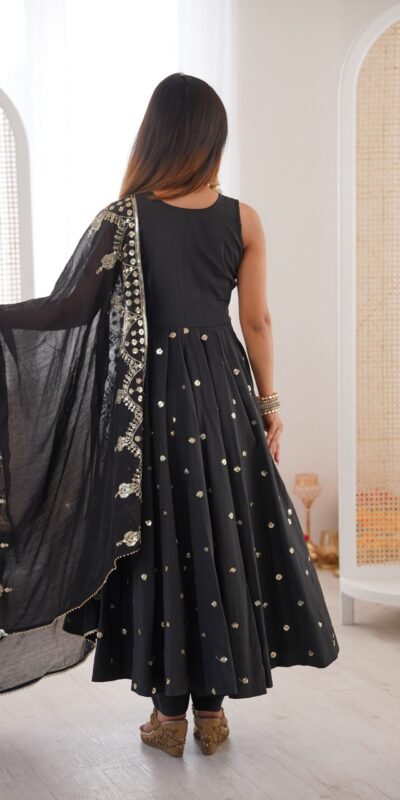 JF 038 Black Roman Silk Gown with Embroidery Work. Wedding, Party, Festive, Events, Navratri, Exclusive Offer ₹2149. Delivery 4-6 Working Days. Shop now. | Gowns, Bollywood Gowns, Creative Gowns, Designer Gowns, Embroidered Gowns, Party Wear Gowns
