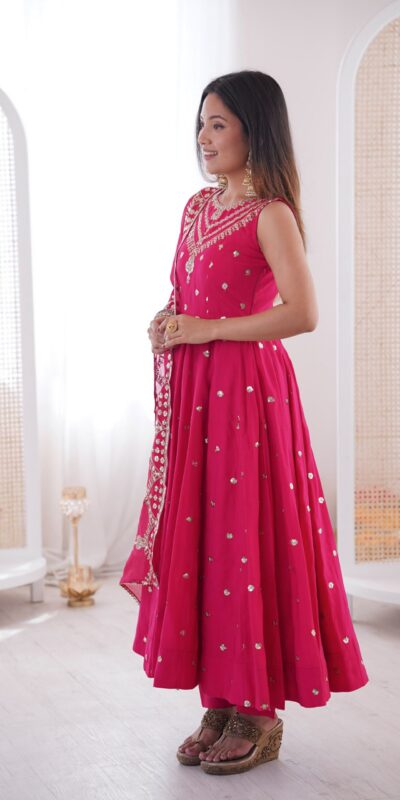 JF 038 Rani Pink Roman Silk Gown with Embroidery Work. Wedding, Party, Events, Navratri, Exclusive Offer ₹2149. Delivery 4-6 Working Days. Shop now. | Gowns, Bollywood Gowns, Creative Gowns, Designer Gowns, Embroidered Gowns, Party Wear Gowns