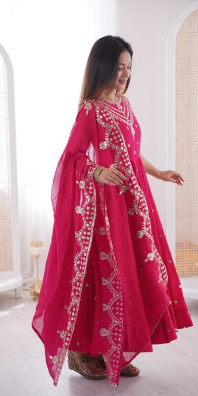 JF 038 Rani Pink Roman Silk Gown with Embroidery Work. Wedding, Party, Events, Navratri, Exclusive Offer ₹2149. Delivery 4-6 Working Days. Shop now. | Gowns, Bollywood Gowns, Creative Gowns, Designer Gowns, Embroidered Gowns, Party Wear Gowns