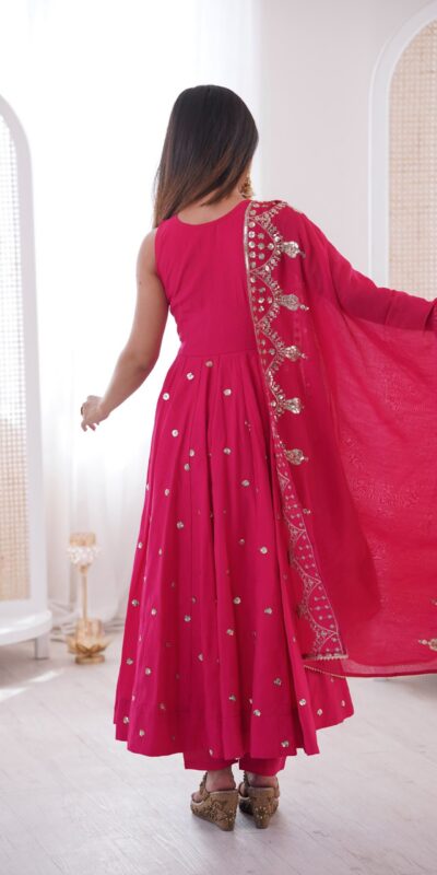 JF 038 Rani Pink Roman Silk Gown with Embroidery Work. Wedding, Party, Events, Navratri, Exclusive Offer ₹2149. Delivery 4-6 Working Days. Shop now. | Gowns, Bollywood Gowns, Creative Gowns, Designer Gowns, Embroidered Gowns, Party Wear Gowns