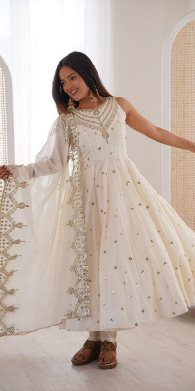JF 038 White Roman Silk Gown with Embroidery Work. Wedding, Party, Festive, Events, Navratri, Exclusive Offer ₹2149. Delivery 4-6 Working Days. Shop now. | Gowns, Bollywood Gowns, Creative Gowns, Designer Gowns, Embroidered Gowns, Party Wear Gowns