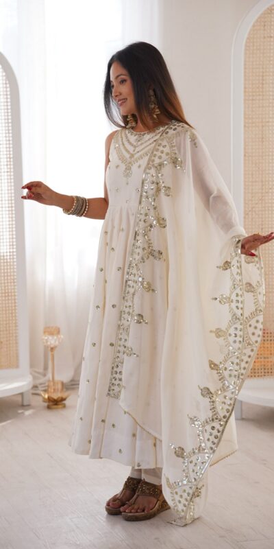 JF 038 White Roman Silk Gown with Embroidery Work. Wedding, Party, Festive, Events, Navratri, Exclusive Offer ₹2149. Delivery 4-6 Working Days. Shop now. | Gowns, Bollywood Gowns, Creative Gowns, Designer Gowns, Embroidered Gowns, Party Wear Gowns
