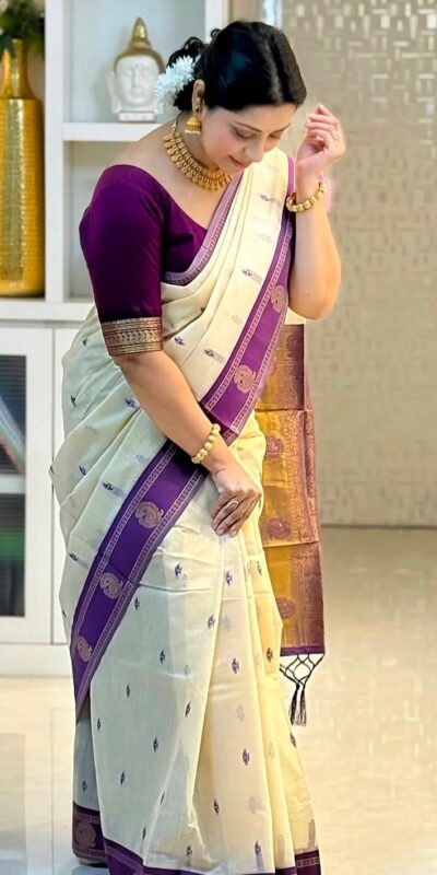 KPR 308 Cream in Soft Lichi Silk Jacquard Work Designer Work Saree . Exclusive Offer ₹1449. Delivery 4-6 Working Days. Shop now. | Sarees, Bollywood Sarees, Creative Sarees, Designer Sarees, Embroidered Sarees, Ethnic Saree, Modern Digital sarees, Party Wear Sarees