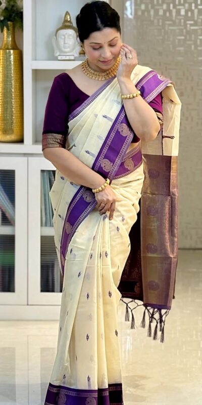 KPR 308 Cream in Soft Lichi Silk Jacquard Work Designer Work Saree . Exclusive Offer ₹1449. Delivery 4-6 Working Days. Shop now. | Sarees, Bollywood Sarees, Creative Sarees, Designer Sarees, Embroidered Sarees, Ethnic Saree, Modern Digital sarees, Party Wear Sarees