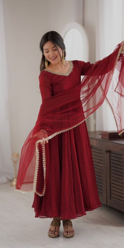 SRK 5355 Maroon Doremon Crush Gown with Lace Work & Mirror Work. Exclusive Offer ₹2099. Delivery 4-6 Working Days. Shop now. | Gowns, Bollywood Gowns, Creative Gowns, Designer Gowns, Embroidered Gowns, Party Wear Gowns