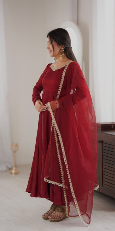 SRK 5355 Maroon Doremon Crush Gown with Lace Work & Mirror Work. Exclusive Offer ₹2099. Delivery 4-6 Working Days. Shop now. | Gowns, Bollywood Gowns, Creative Gowns, Designer Gowns, Embroidered Gowns, Party Wear Gowns