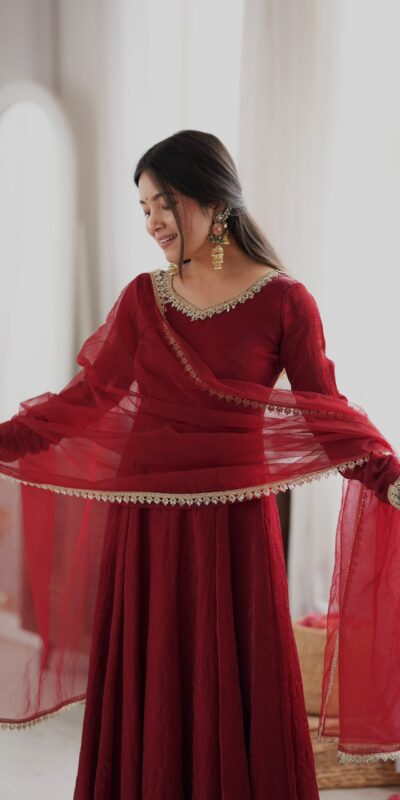 SRK 5355 Maroon Doremon Crush Gown with Lace Work & Mirror Work. Exclusive Offer ₹2099. Delivery 4-6 Working Days. Shop now. | Gowns, Bollywood Gowns, Creative Gowns, Designer Gowns, Embroidered Gowns, Party Wear Gowns