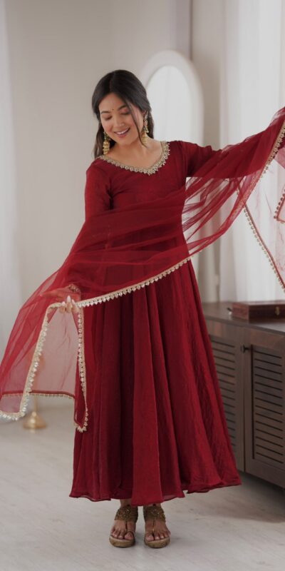 SRK 5355 Maroon Doremon Crush Gown with Lace Work & Mirror Work. Exclusive Offer ₹2099. Delivery 4-6 Working Days. Shop now. | Gowns, Bollywood Gowns, Creative Gowns, Designer Gowns, Embroidered Gowns, Party Wear Gowns