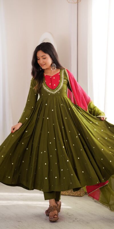 ZF 5023 Mehandi Roman Silk Gown with Mirror Work & Embroidery Work. Special Price ₹2099. Delivery 4-6 Working Days. Shop now. | Gowns, Bollywood Gowns, Creative Gowns, Designer Gowns, Embroidered Gowns, Party Wear Gowns