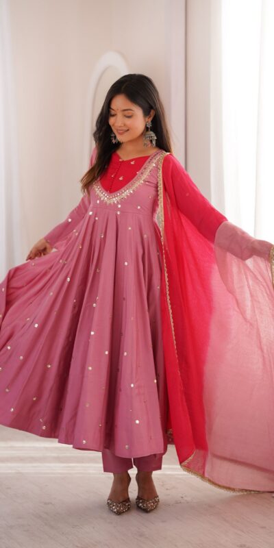 ZF 5023 Pink Roman Silk Gown with Mirror Work & Embroidery Work. Special Price ₹2099. Delivery 4-6 Working Days. Shop now. | Gowns, Bollywood Gowns, Creative Gowns, Designer Gowns, Embroidered Gowns, Party Wear Gowns