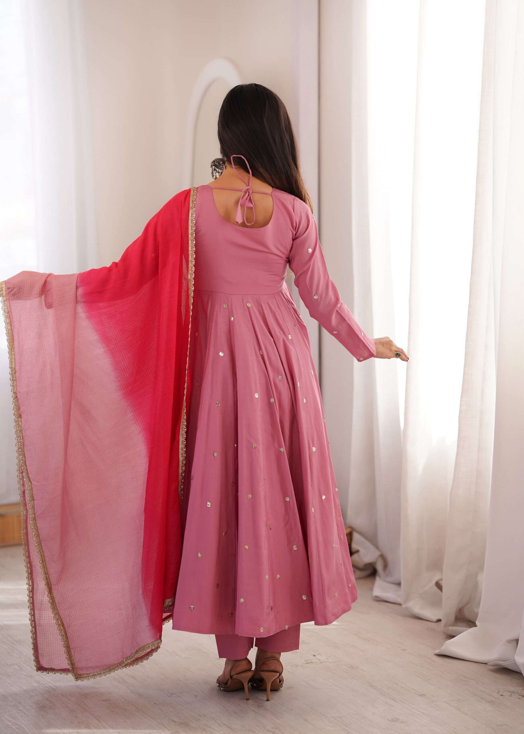 ZF 5023 Pink Roman Silk Gown with Mirror Work & Embroidery Work. Special Price ₹2099. Delivery 4-6 Working Days. Shop now. | Gowns, Bollywood Gowns, Creative Gowns, Designer Gowns, Embroidered Gowns, Party Wear Gowns