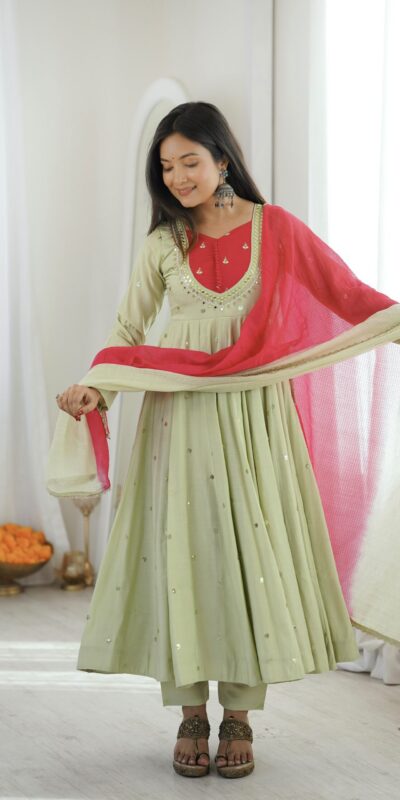 ZF 5023 Pista Roman Silk Gown with Mirror Work & Embroidery Work. Special Price ₹2099. Delivery 4-6 Working Days. Shop now. | Gowns, Bollywood Gowns, Creative Gowns, Designer Gowns, Embroidered Gowns, Party Wear Gowns