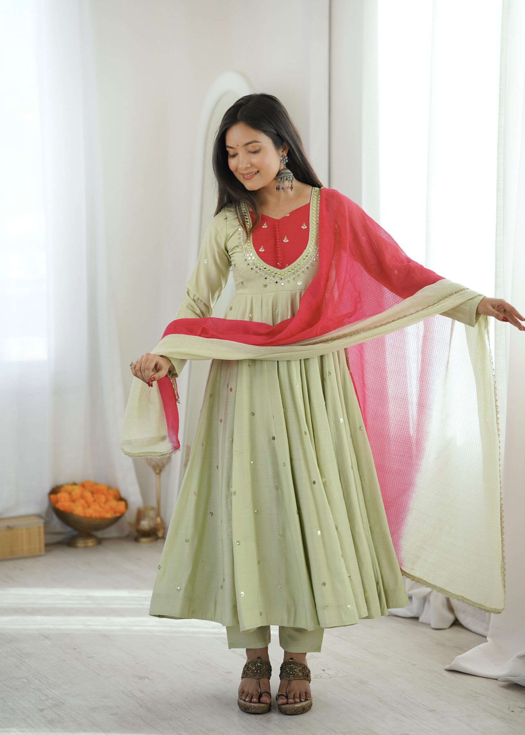 ZF 5023 Pista Roman Silk Gown with Mirror Work & Embroidery Work. Special Price ₹2099. Delivery 4-6 Working Days. Shop now. | Gowns, Bollywood Gowns, Creative Gowns, Designer Gowns, Embroidered Gowns, Party Wear Gowns