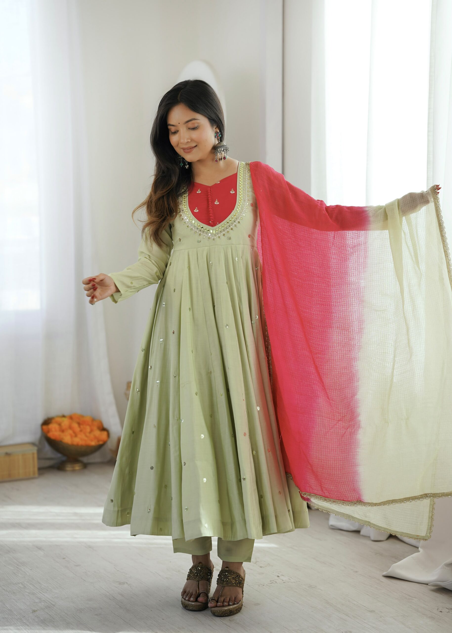 ZF 5023 Pista Roman Silk Gown with Mirror Work & Embroidery Work. Special Price ₹2099. Delivery 4-6 Working Days. Shop now. | Gowns, Bollywood Gowns, Creative Gowns, Designer Gowns, Embroidered Gowns, Party Wear Gowns