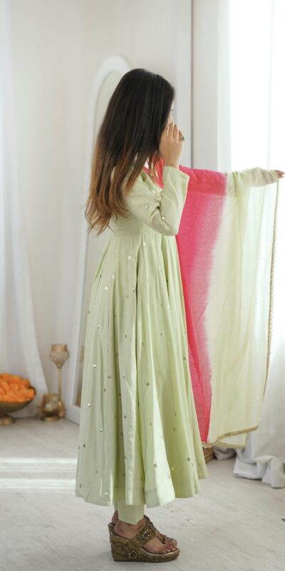 ZF 5023 Pista Roman Silk Gown with Mirror Work & Embroidery Work. Special Price ₹2099. Delivery 4-6 Working Days. Shop now. | Gowns, Bollywood Gowns, Creative Gowns, Designer Gowns, Embroidered Gowns, Party Wear Gowns