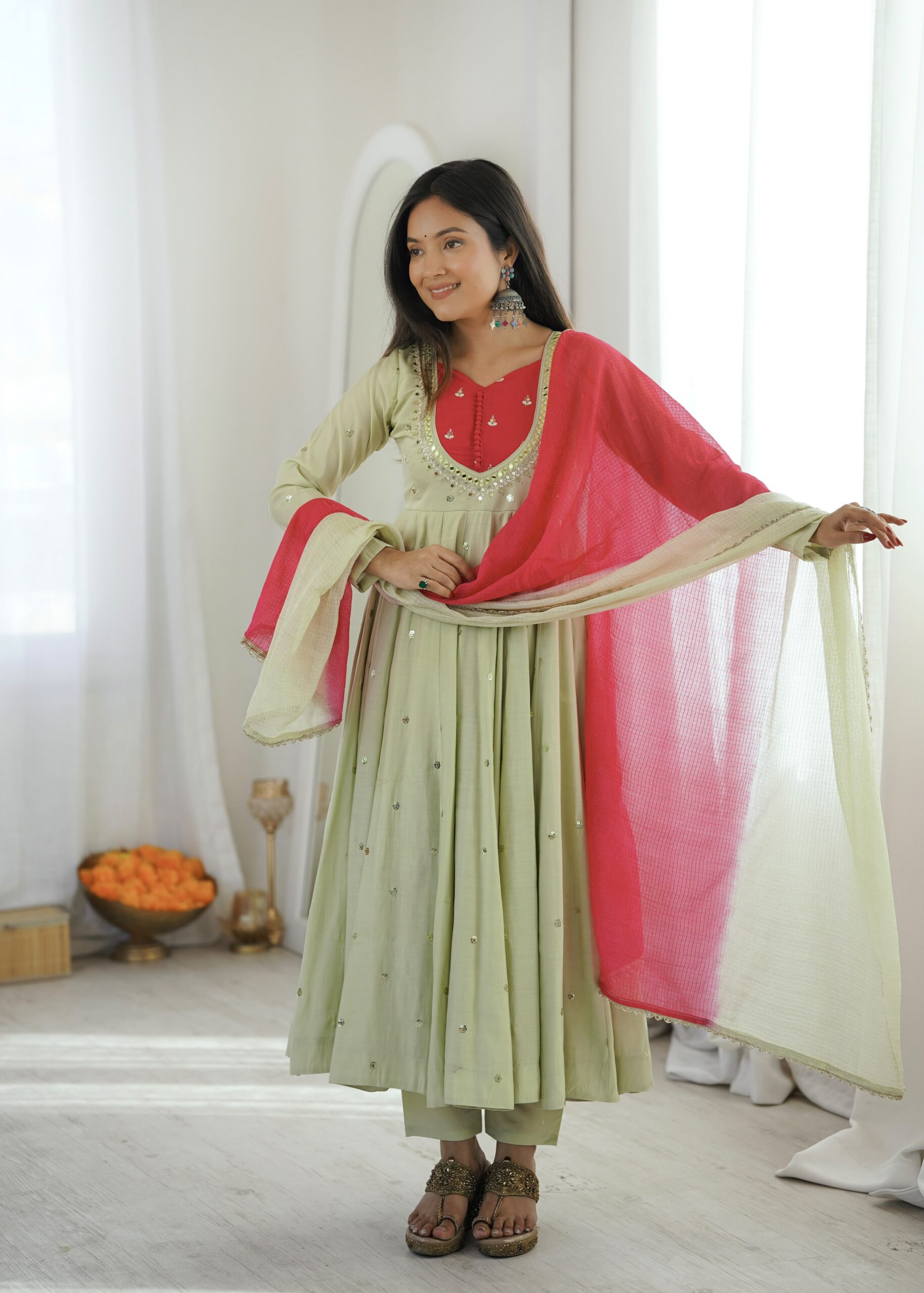 ZF 5023 Pista Roman Silk Gown with Mirror Work & Embroidery Work. Special Price ₹2099. Delivery 4-6 Working Days. Shop now. | Gowns, Bollywood Gowns, Creative Gowns, Designer Gowns, Embroidered Gowns, Party Wear Gowns