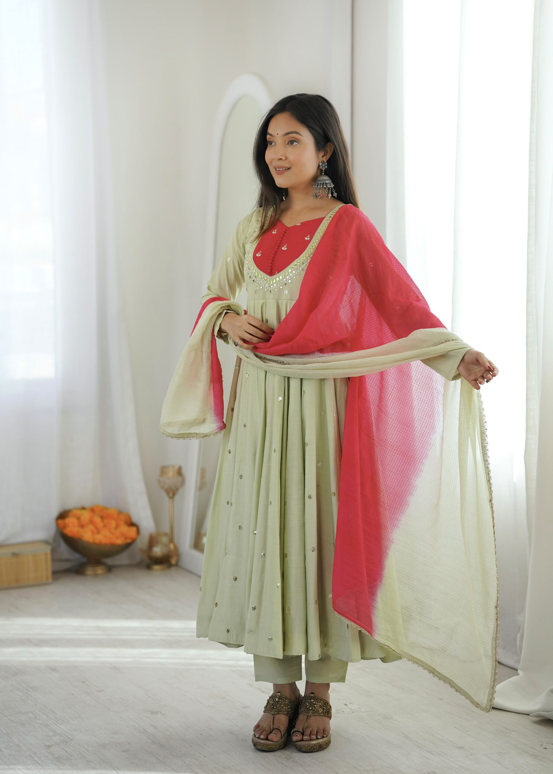 ZF 5023 Pista Roman Silk Gown with Mirror Work & Embroidery Work. Special Price ₹2099. Delivery 4-6 Working Days. Shop now. | Gowns, Bollywood Gowns, Creative Gowns, Designer Gowns, Embroidered Gowns, Party Wear Gowns